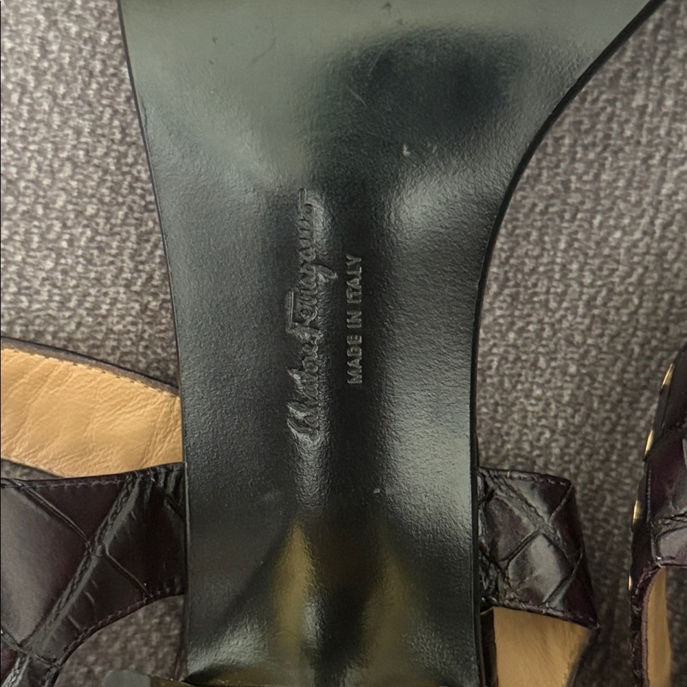 Salvatore Ferragamo Black and Purple Embossed Sandals - Picture 8 of 12